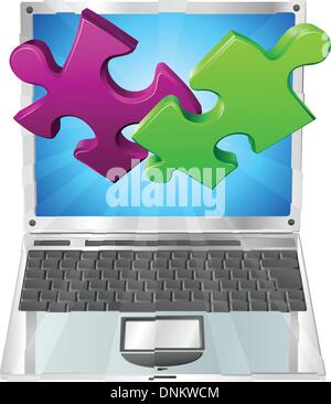 Jigsaw puzzle pieces flying out of a stylish laptop computer. Computer application concept. Stock Vector