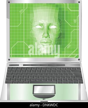 A conceptual business technology background. Woman avatar face forming and coming out of laptop screen. Stock Vector
