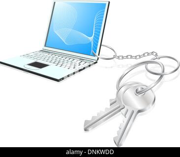 Illustration of  laptop computer attached to keys as a keyring. Access to computers, learning, internet security etc. concept Stock Vector