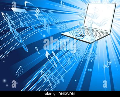 Blue laptop computer music background with musical notes streaming out of laptop Stock Vector