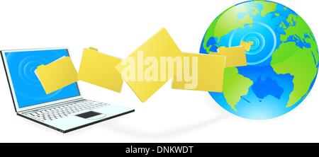 Laptop computer uploading or downloading files to the internet represented by globe. Stock Vector