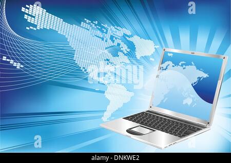 A blue laptop word map globe business concept background illustration. Stock Vector