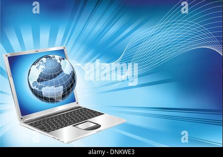 A blue laptop word map globe business concept background illustration. Stock Vector