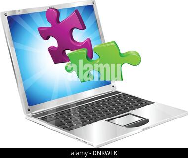 Jigsaw puzzle pieces flying out of a stylish laptop computer. Computer application concept. Stock Vector