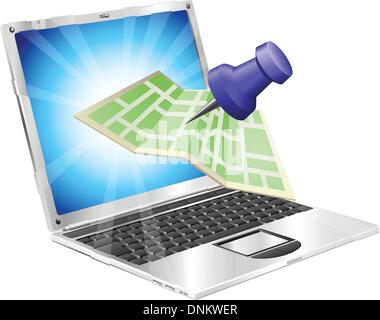 A road or city map flying out of a laptop computer. Concept or icon for map app or internet website with maps or other GPS relat Stock Vector