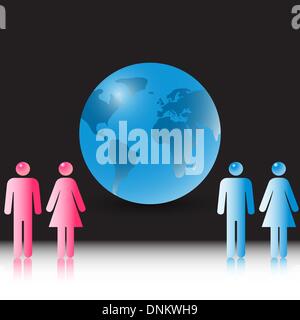 Businessmen, the man and the woman, meet to conclude the bargain on world globe. Stock Vector