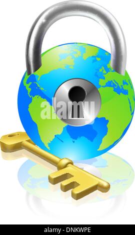 World globe like a locked padlock with key. Concept could be for internet security, data protection or general security Stock Vector