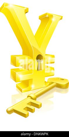 Conceptual illustration of a gold Yen sign and key. Concept for unlocking financial success or cash or for financial security. Stock Vector