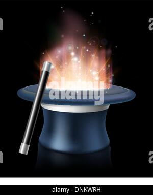 An illustration of magic hat and magic wand with glowing magic light coming out of the hat Stock Vector