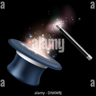 Magic tophat and magic wand illustration with magic in the form of stars and light floating around them Stock Vector