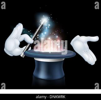 Magician's hands holding a magic wand and waving it over a magical top hat Stock Vector