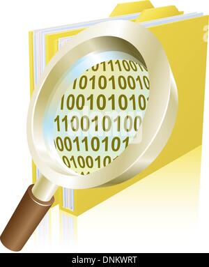 Conceptual illustration of magnifying glass searching binary data file folder Stock Vector