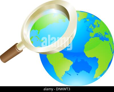 Magnifying glass zooming on world earth globe concept illustration Stock Vector