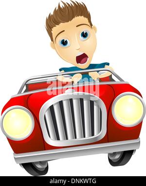 Cartoon young man looking very scared driving fast in convertible sports car Stock Vector