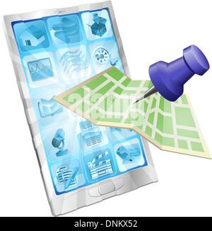 A road or city map flying out of a mobile phone. Concept or icon for map app or internet website with maps or other GPS related. Stock Vector