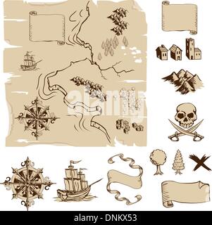 Example map and design elements to make your own fantasy or treasure maps. Includes mountains, buildings, trees, compass etc. Stock Vector