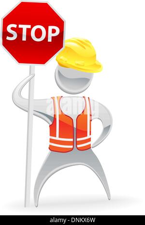 Metallic cartoon mascot character stop sign workman concept Stock Vector