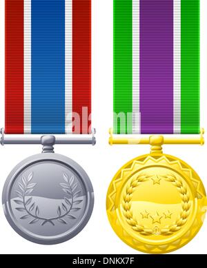 Decorations or medal design elements illustrations, one gold with white, purple and green ribbon, one silver with blue white and Stock Vector