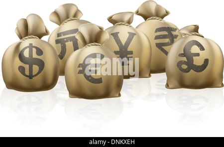 Lots of sacks with different currency signs, foreign currency exchange sacks Stock Vector