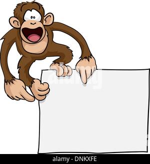 A crazy cute excited monkey pointing at a blank sign with copy-space illustration Stock Vector