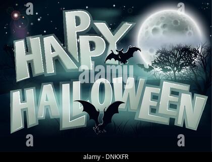 A spooky Happy Halloween background illustration of night scene with full moon bats and scary trees Stock Vector