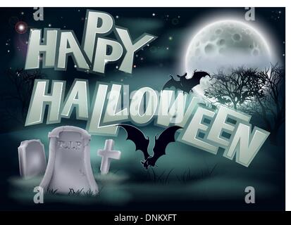 A spooky Happy Halloween graveyard background illustration with bat and a full moon Stock Vector