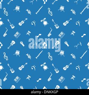 A repeating seamless music background tile texture with lots of drawings of different musical instruments and music icons Stock Vector