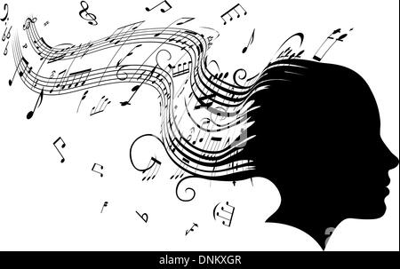 Conceptual illustration of a woman's head in profile with hair turning into sheet music musical notes Stock Vector