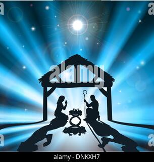 Christian Christmas nativity scene of baby Jesus in the manger with the virgin Mary and Joseph Stock Vector