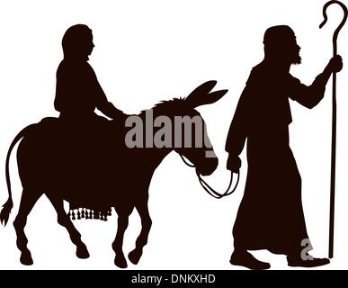 Silhouette illustrations of Mary and Joseph journeying with a donkey looking for a place to stay on Christmas Eve. Stock Vector