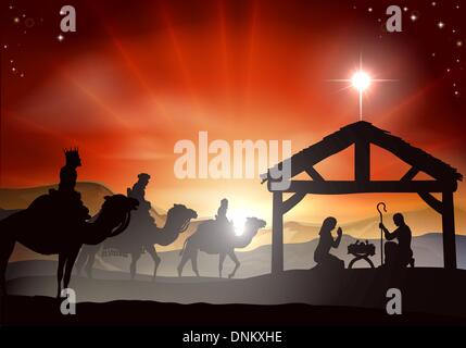 Christmas nativity scene with baby Jesus in the manger in silhouette, three wise men or kings and star of Bethlehem Stock Vector