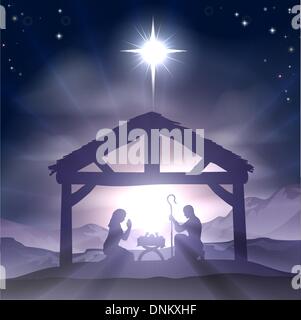 Christmas Christian nativity scene with baby Jesus in the manger in silhouette, and star of Bethlehem Stock Vector