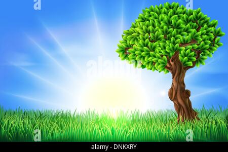 A background illustration of a field of bright green grass on s a spring or summers day with a sun rise or sun set and beautiful Stock Vector