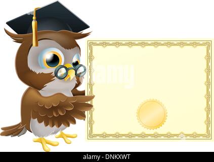 Illustration of a cute owl character in professor's or graduate's mortar board pointing at a diploma certificate background with Stock Vector