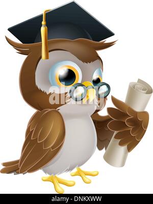 An illustration of a cute owl in glasses and graduate or convocation hat holding a rolled up scroll diploma, certificate or othe Stock Vector