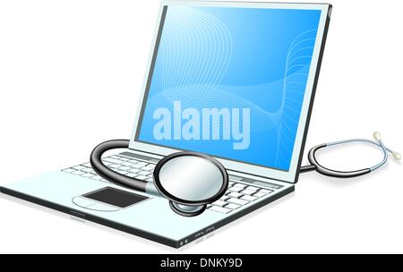 A laptop pc computer with stethoscope wrapped round it. Health check concept. Stock Vector