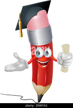 An illustration of a pencil character in mortar board hat holding scroll certificate or diploma graduating Stock Vector