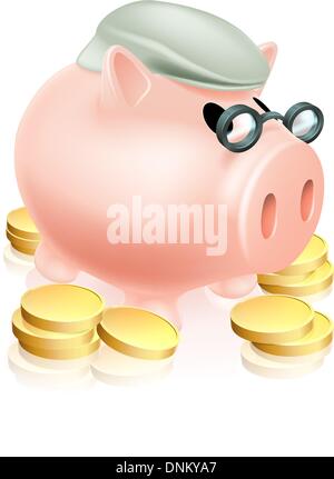 A piggy bank with old man's cap or hat and glasses surrounded by coins. Pension savings fund or plan concept. Stock Vector