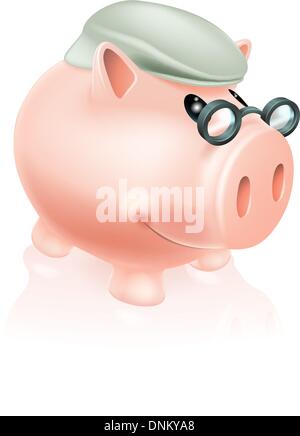 Pension savings piggy bank concept of a piggy bank money box in senior's cap and spectacles. Stock Vector