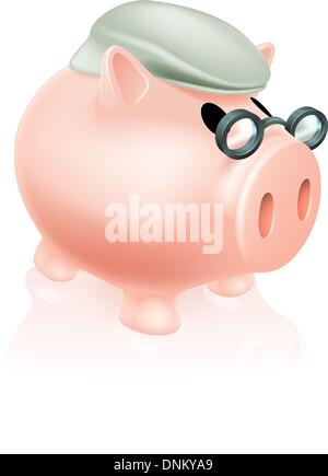 Pension pig money box concept of a a savings piggy bank money box dressed in senior's hat and specs. Stock Vector