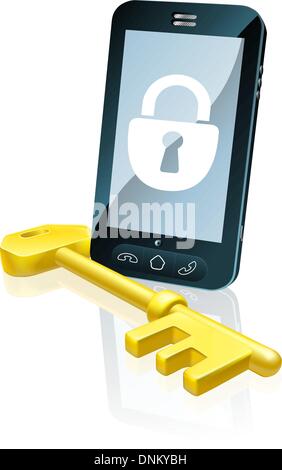 A mobile phone security concept. Mobile phone with gold key and padlock lock icon on the screen Stock Vector