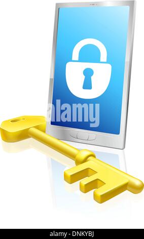 Illustration of a mobile phone with lock symbol on the screen and large golden key. A security concept. Stock Vector