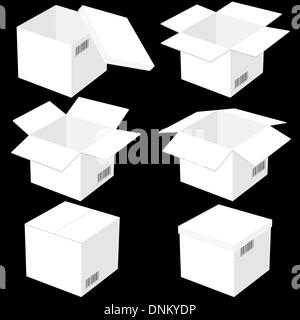 Six boxes, isolated on black background. Vector illustration. Stock Vector