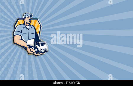 Business card template illustration of a removal man delivery guy with moving truck van on the palm of his hand handing it over Stock Photo