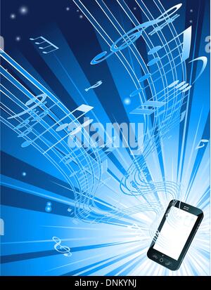 Blue mobile phone music background with musical notes streaming out of smart phone Stock Vector