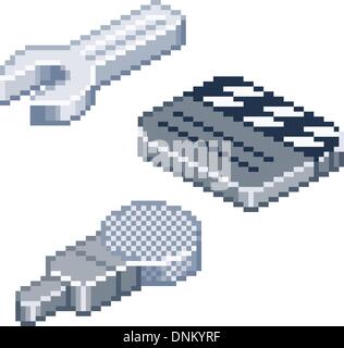 Some retro pixel style icons in isometric view. Spanner or wrench, film clapper-board and microphone icons. Stock Vector
