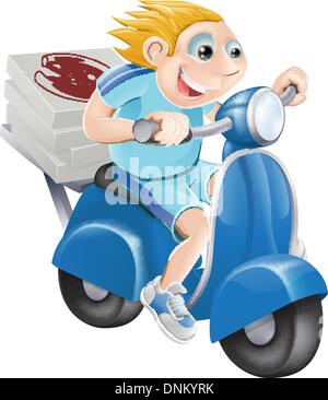 A cartoon pizza delivery man delivering pizza on his moped motor bike. Stock Vector