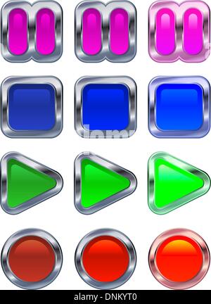 Shiny metallic glowing control panel button icons in various rollover state versions Stock Vector