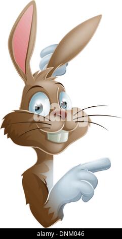 An illustration of a cute cartoon bunny rabbit peeking round from behind a sign and pointing or showing what it says Stock Vector
