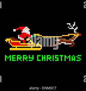 Retro arcade video game style pixel art Christmas Santa Claus in sleigh with Merry Xmas message Stock Vector